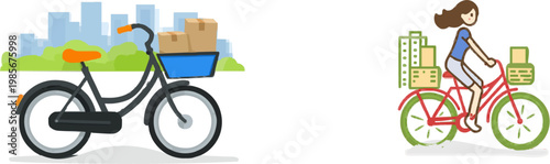 A minimalist 2D illustration of a generic cargo bike delivering cardboard boxes in a muted blue and ochre-colored cityscape with lush greenery and modern skyscrapers in the background