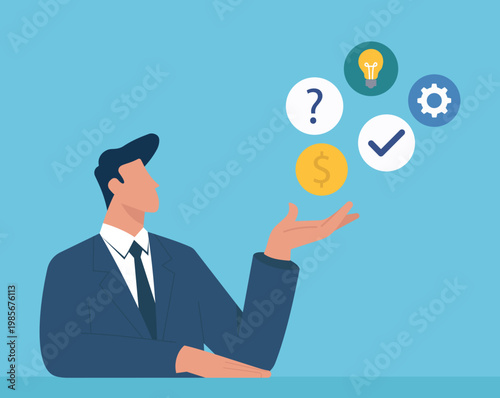 Businessman presenting floating icons for problem solving, innovation, strategy, approval, and financial success, Problem Solving Process, Strategic Business Planning, Offering Financial Solutions