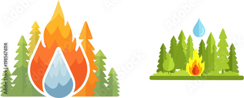 A minimalist flat illustration depicts a forest fire being extinguished with a water drop, surrounded by green trees in an orange and blue palette, showcasing safety art for emergency response