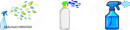 A minimalist flat 2D graphic depicts a crystal spray bottle with a mist of blue and green leaves, exuding a sense of freshness and purity