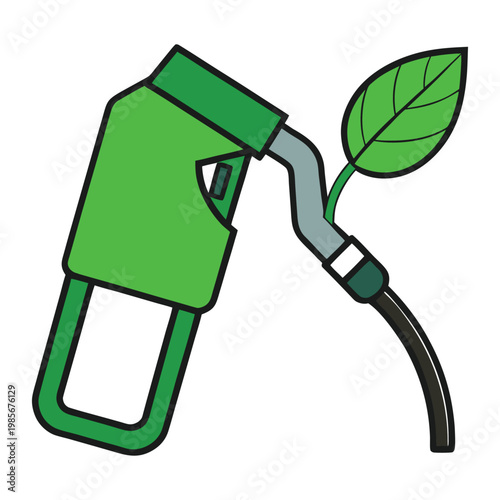 A green gas pump nozzle entwined with fresh leaves symbolizes eco-friendly fuel, sustainability, and a cleaner future, blending energy with nature in a modern concept.
