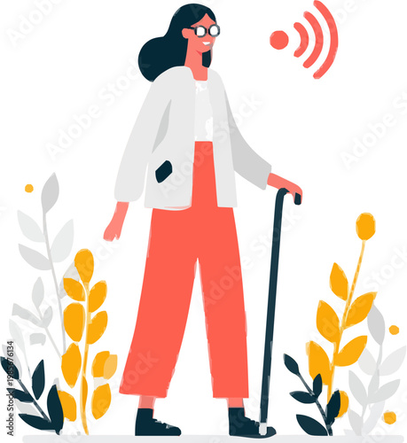 A person using a minimalist smart cane with haptic icons navigates through a serene garden, symbolizing advanced accessibility technology in everyday life