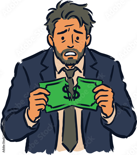 hand drawn istressed man holding a ripped dollar bill symbolizing financial collapse and debt