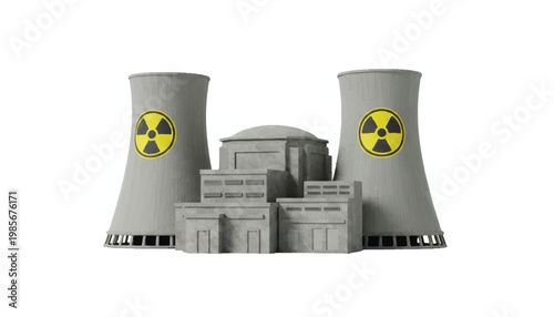 Nuclear power plant with cooling towers and radioactive symbol electricity industry radioactive architecture facility generation radiation