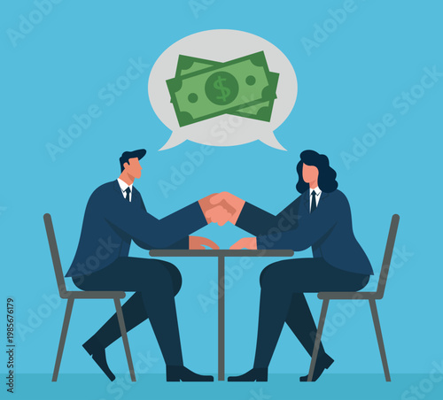 Businessman and businesswoman shaking hands at a table to seal a profitable financial agreement and business deal involving money, Salary Negotiation, Profitable Business Deal, Financial Agreement