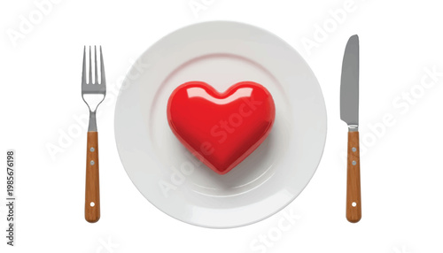 Red heart symbol on a white plate with fork and knife concept of healthy eating food and drink main course nutrition appetite cardiology