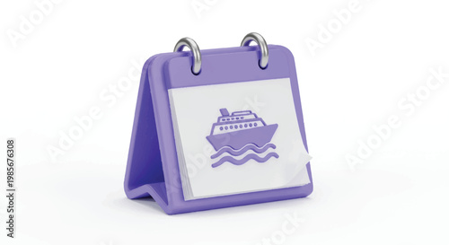 Purple desk calendar open to a page showing a cruise ship icon planning a vacation calendar vacation transport schedule planning relaxation