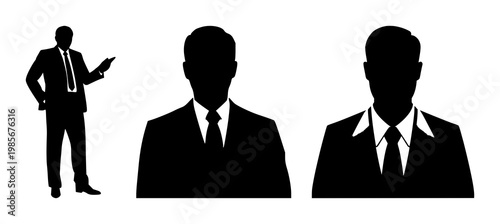 Executive manager icon set with solid black figure on white background featuring management, leadership, corporate symbols with minimalist and silhouette