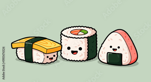 Cute Sushi and Onigiri Cartoon Characters Expressing Joyful Feelings