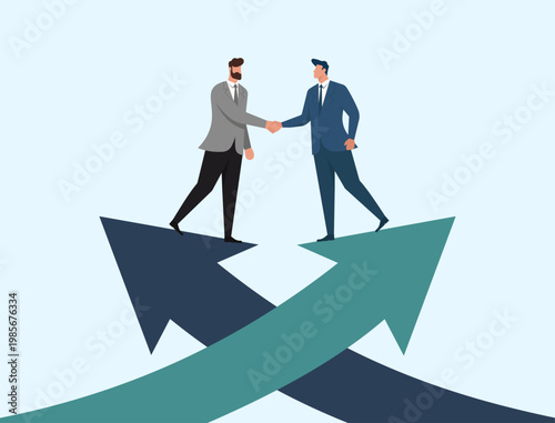 Businessmen shaking hands on intersecting upward arrows, symbolizing a strategic corporate partnership, successful merger, and mutual business growth, Strategic Business Partnership