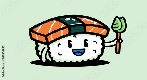 Happy Sushi Salmon Nigiri Character Holding Wasabi, Fun Japanese Food Illustration