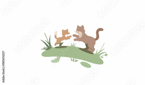 Playful cat and kitten vector scene on meadow with cute cartoon pets in flat design isolated on white