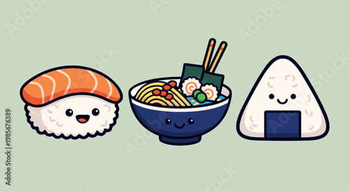 Kawaii Sushi, Ramen, and Onigiri A Trio of Adorable Japanese Food Illustrations