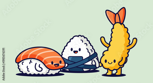 Cute Kawaii Sushi And Tempura Illustration For Food Lovers And Japanese Cuisine Enthusiasts