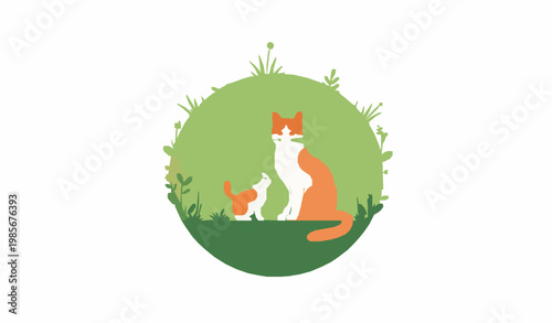 Cartoon cat and kitten meadow vector in circular composition with cute pet characters isolated on white