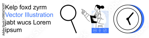 Time management, healthcare, diagnostics, analysis, efficiency, communication. Features a magnifying glass, a doctor pointing with a clipboard and a clock icon. Analysis and diagnostics focus