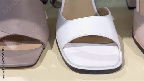 Women's sandals with wide strap and square toe on a shoe store shelf