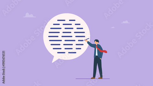 Businessman writing message on speech bubble. Understanding or effective handwriting manuscript, written communication, writing email skill to success, communicate with text or message concept.