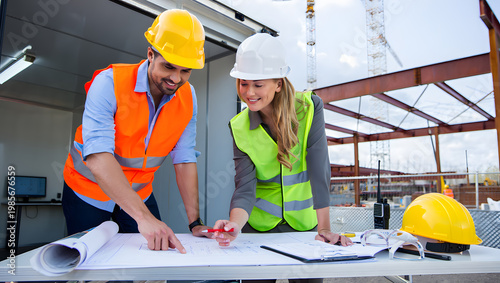 Two construction workers in hard hats and vests looking at blueprints on a table