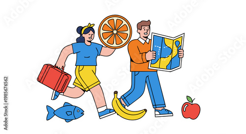 Illustration of a couple with a map, suitcase, and healthy food items on a white background, representing travel and lifestyle
