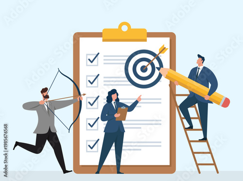 Business team working together to hit a target and complete a giant checklist, illustrating successful goal achievement and project management, Teamwork and Goal Achievement, Project Task Management