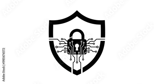 Black shield with broken padlock and cracked lines.