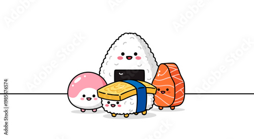Cute Kawaii Sushi and Onigiri Characters in a Fun and Playful Japanese Food Illustration