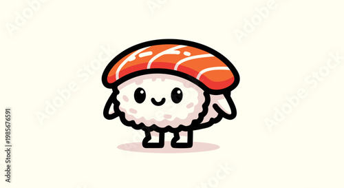 Cute cartoon salmon sushi illustration, a delightful Japanese food character with a friendly smile, perfect for culinary and lifestyle themes
