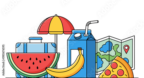 Vacation food and travel essentials A delightful composition of summer treats and journey planning elements