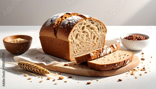 A loaf of bread and slices on a wooden cutting board
