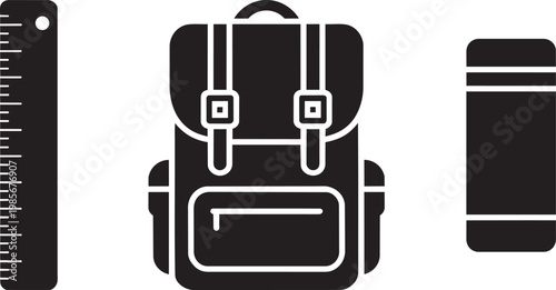 Backpack, ruler, and thermos illustration with clean lines and geometric shapes