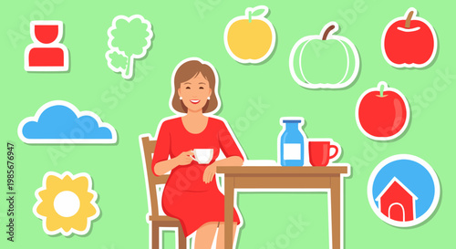 Happy pregnant woman enjoying a cup of tea at a table, surrounded by symbols of healthy living and motherhood
