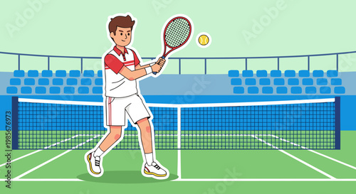 A young male tennis player in a red and white uniform is actively playing tennis on a court with a net and stadium seating in the background