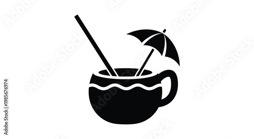 A striking black silhouette depicts a tropical cocktail in a coconut shell with a parasol silhouette high quality