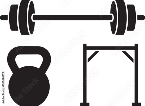 Barbell, kettlebell, and power rack fitness equipment illustration for exercise and silhouette