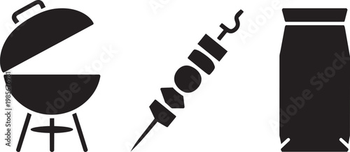 Barbecue grill, skewer with food and charcoal bag icons for outdoor recreation and outdoor