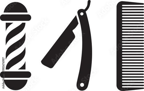 Barber pole, straight razor, and comb illustration in black and white graphic