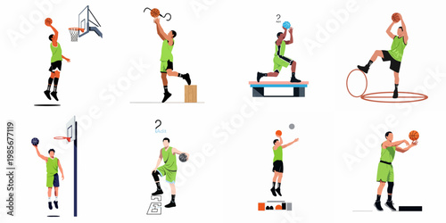 Set of basketball player illustrations in flat design style showing different actions like shooting, dunking and dribbling in green uniform on white background