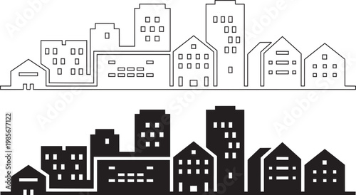 City skyline illustration with geometric buildings and windows in outline and solid styles