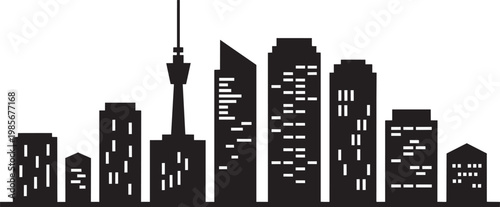 City skyline silhouette with a tall tower and modern buildings, illustration in outline style
