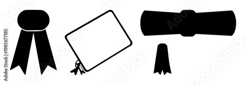 Certificate icon set with bold black line art design featuring diploma, academic, achievements with silhouette and symbol