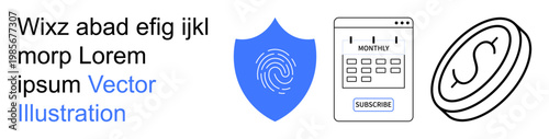Cybersecurity, online subscriptions, payment systems, identity verification, technology, digital economy. Blue shield with a fingerprint, calendar for monthly subscription, currency coin symbol