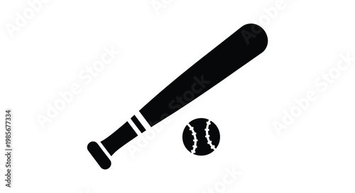 A simple depiction of a baseball bat and ball rendered in a stark black form silhouette high quality
