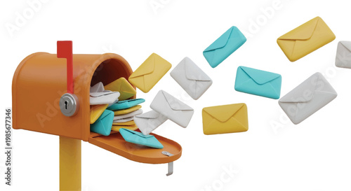 Mailbox overflowing with colorful envelopes flying out postal service outgoing mail incoming mail envelopes communication delivery incoming