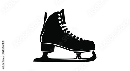 A stark black silhouette depicts a single ice skate with detailed lacing and blade a striking silhouette
