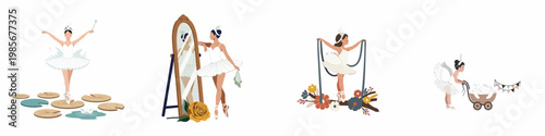 Set of graceful ballet dancer illustrations featuring little girls in white tutus, swan-themed elements, floral accents, and fairy-tale concepts for kids' designs.