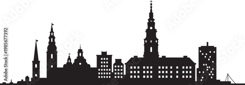 City skyline silhouette with varied architectural styles and clock towers in outline style