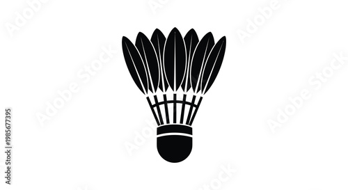A striking black silhouette of a badminton shuttlecock is prominently displayed against a clean white backdrop silhouette