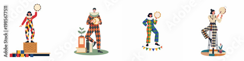 Set of illustrations featuring performers in colorful harlequin costumes playing tambourines in various poses, perfect for carnival or theatrical themes.