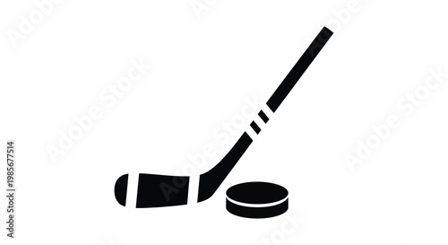 A black silhouette depicts a hockey stick leaning over a puck on a white background silhouette high quality